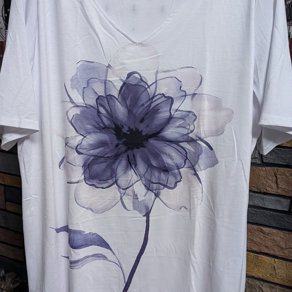 White T-Shirt with Purple Floral Design